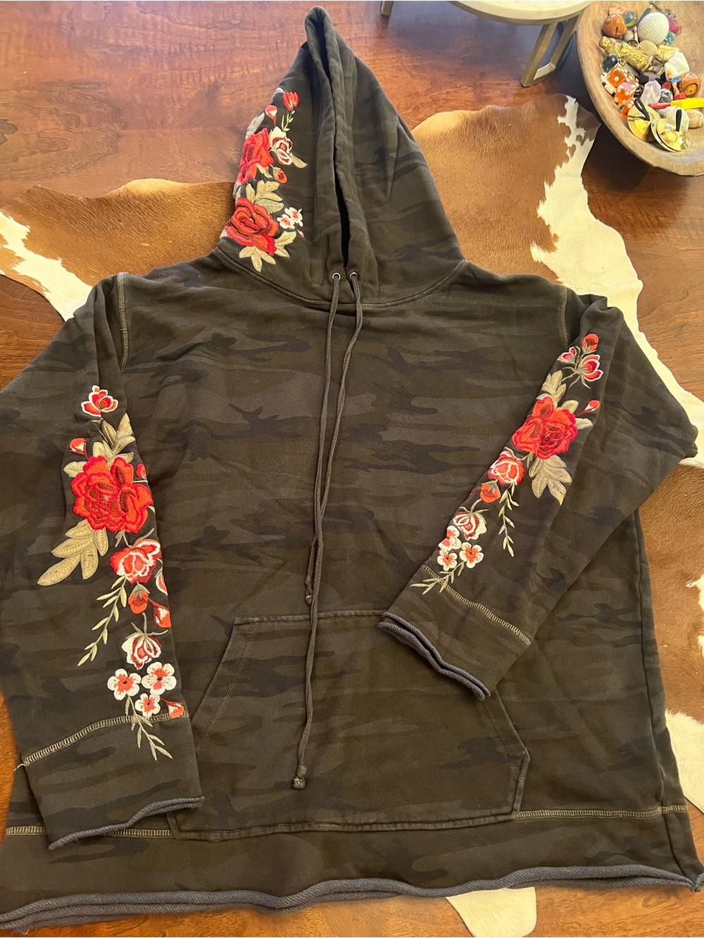 Johnny Was Black Camo Hoodie with Red Rose Embroidery